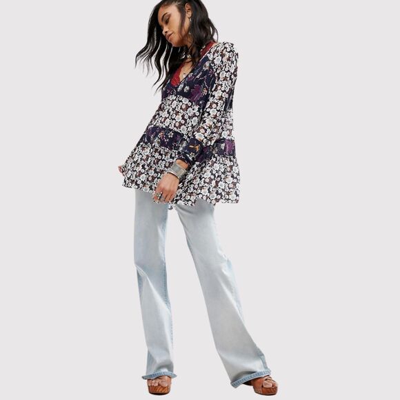 Free People Womens Top Purple Isabelle Tunic V Neck Floral Blouse Flowy Boho XS - Picture 1 of 11